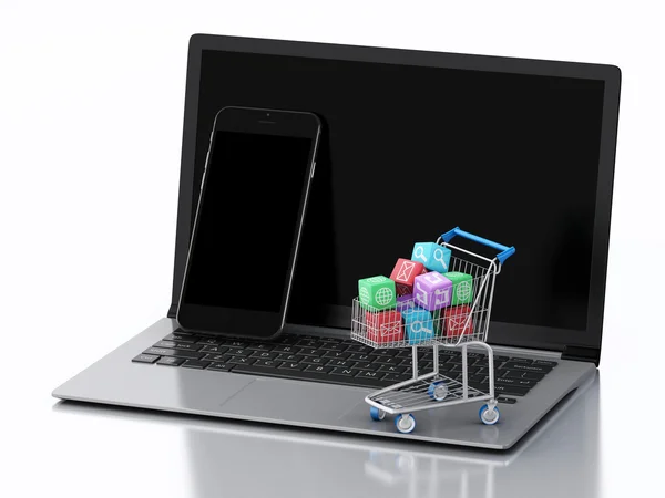 शॉपिंग कार्टमध्ये अनुप्रयोग चिन्हसह 3 डी लॅपटॉप आणि स्मार्टफोन . — स्टॉक फोटो, इमेज
