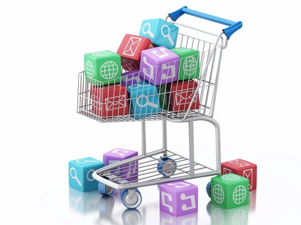 3d carrito de compras con iconos de aplicaciones . — Foto de Stock