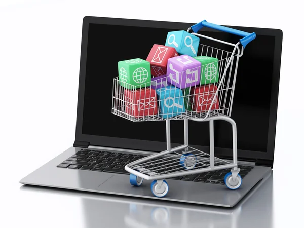 3d Laptop pc with Apps icons in shopping cart. — Stock Photo, Image