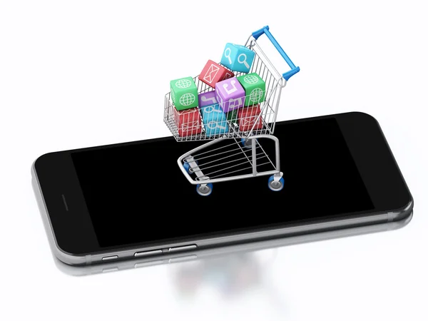 3d Smartphone and Shopping cart with Apps icons. — Stock Photo, Image