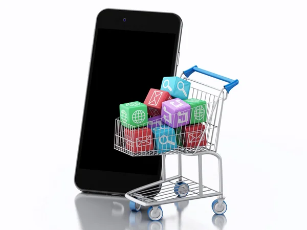 3D-Smartphone en Shopping cart met Apps pictogrammen. — Stockfoto