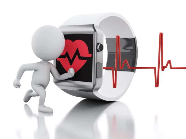 3d white people and smart watch with red health icon. — Stock Photo, Image