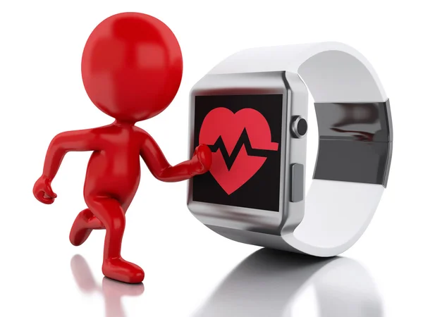 3d personas rojas y reloj inteligente con icono de salud roja . —  Fotos de Stock