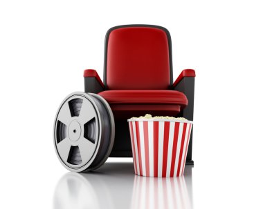 3D film makaraları ve patlamış mısır tiyatro koltukta.
