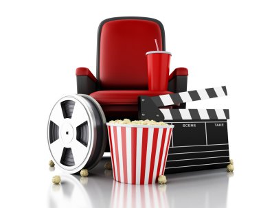 3D film makaraları, patlamış mısır ve tiyatro koltukta içki.