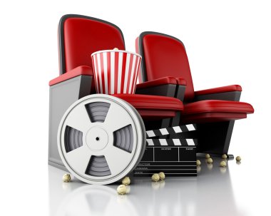 3D film makaraları, patlamış mısır ve sinema clapper tahtada tiyatro koltuk.