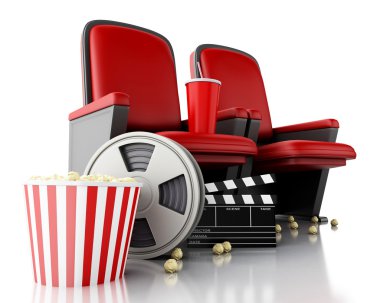 3D film makaraları, patlamış mısır ve sinema clapper tahtada tiyatro koltuk.
