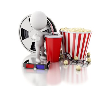 3D beyaz insanlar Film makaraları, içki ve patlamış mısır ile.