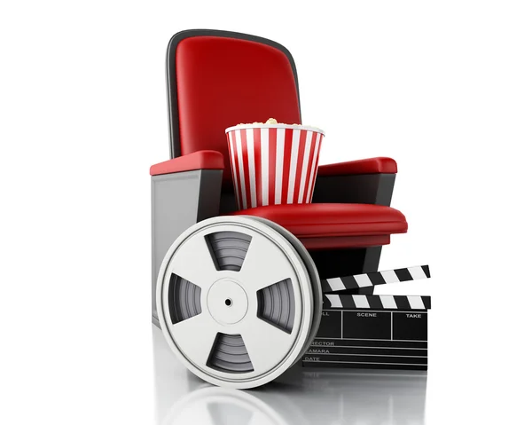 3d Film reel, popcorn and Cinema clapper board on theater seat. — Stock Photo, Image