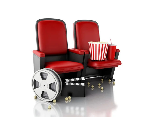 3d Film reel, popcorn and Cinema clapper board on theater seat. — Stock Photo, Image