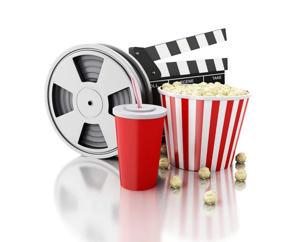 3d Cinema clapper, Film reel, popcorn and drink. — Stock Photo, Image