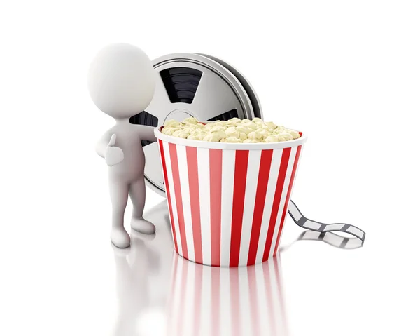 3d bianchi con bobina di film e popcorn . — Foto Stock