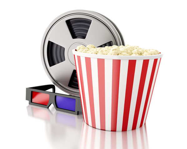 3d Film reel and popcorn.