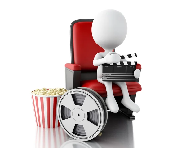 3d white people with clapper board and film reel on theater seat — Stock Photo, Image