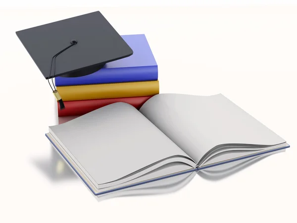 Berretto di laurea 3d e libri . — Foto Stock