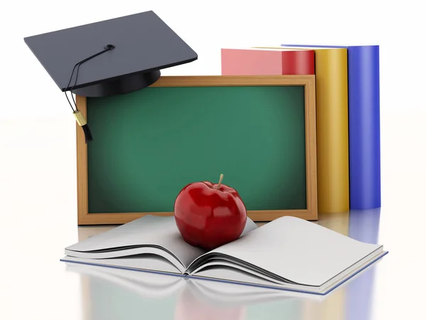 Pizarra 3d con diploma, gorra de graduación y libros . —  Fotos de Stock