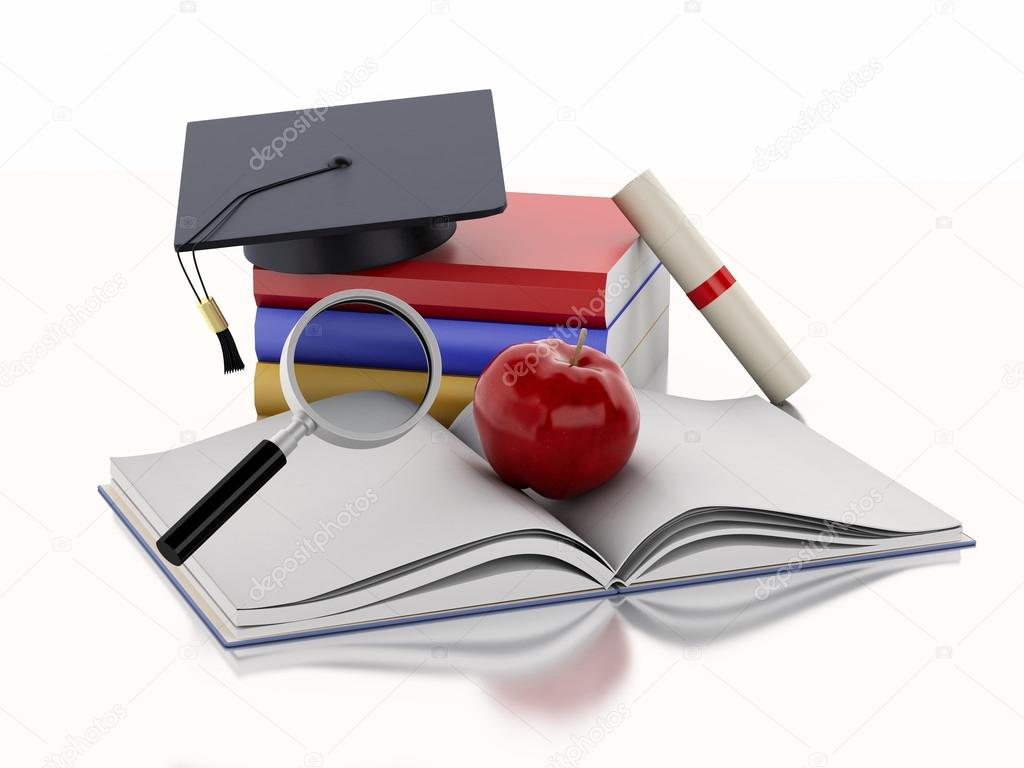3d Open book with an Apple, Graduation cap, diploma and stack of