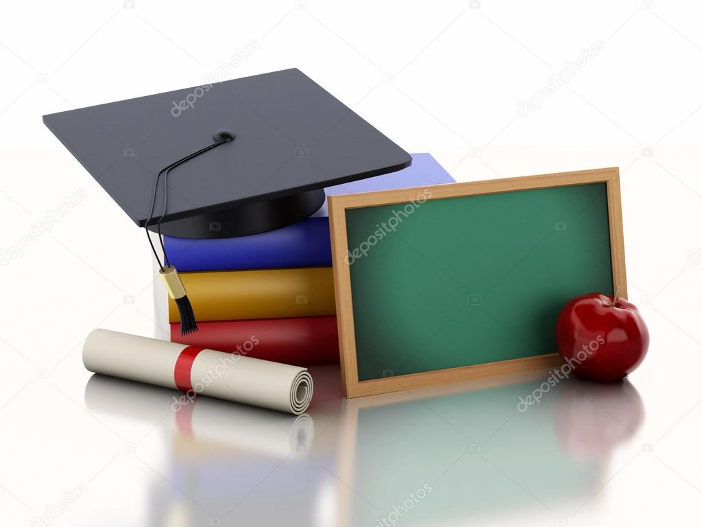 3d Blackboard with diploma, graduation cap and stack of Books.