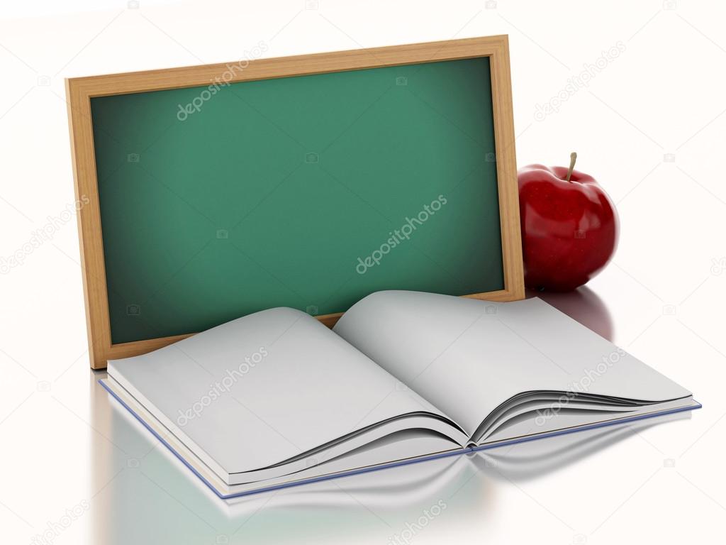 3d Blackboard with open book and a red apple.