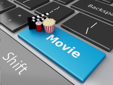 3d Popcorn and cinema clapper board on computer keyboard.