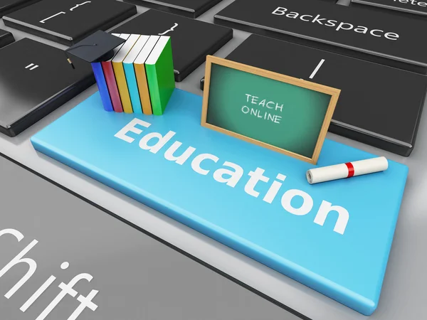 Pizarra 3d, gorra de graduación y libros en el teclado del ordenador . — Foto de Stock