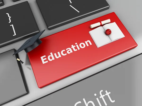 3d graduation cap and diploma on computer keyboard. — Stock fotografie