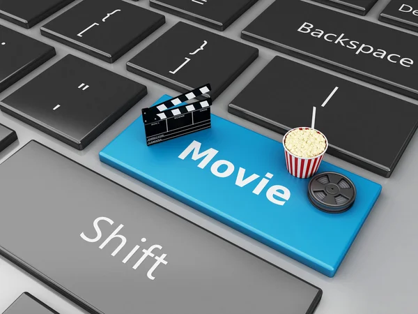3D-Popcorn, Klappbrett und Filmrolle auf Computertastatur. — Stockfoto