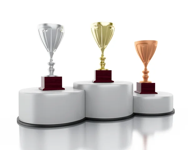 3d Golden, silver and bronze trophy cups  on podium. — Stock Photo, Image