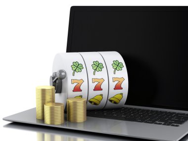 slot makinesi ve altın para ile 3D dizüstü.