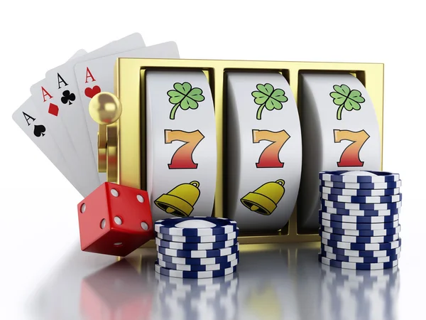 Máquina tragaperras 3d con dados, cartas y fichas. Concepto Casino . —  Fotos de Stock