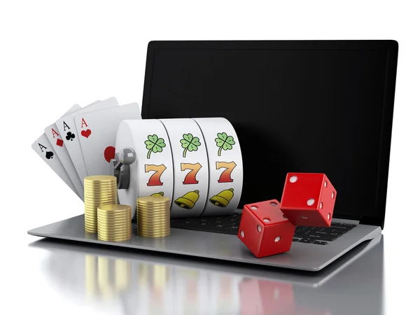 3d Laptop with slot machine, dice, cards and gold coins. — Stock Photo, Image