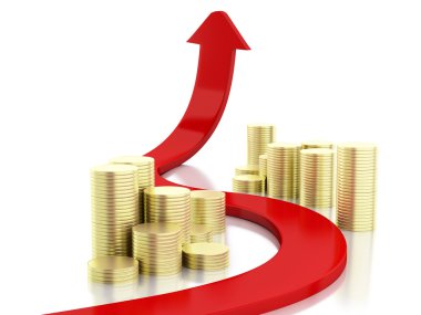 3D altın sikke ve grafik ok. Başarı kavramı