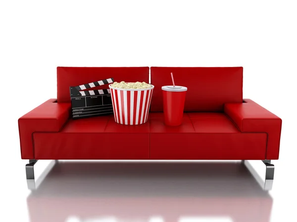 3d Попкорн и пить на диване. Концепция кино — стоковое фото