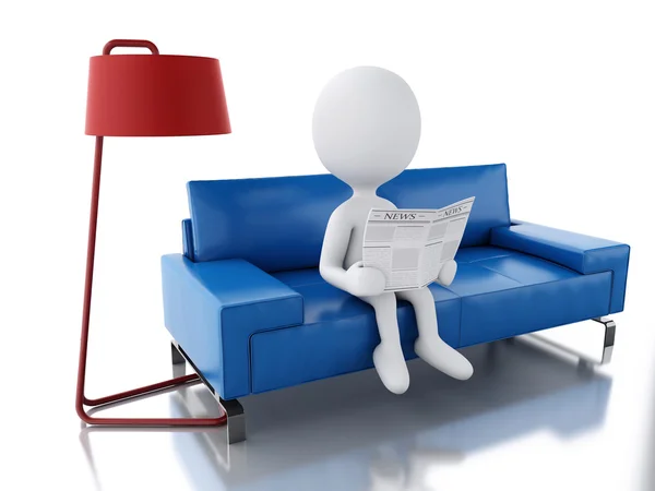 3D-witte mensen lezen van een krant, zittend op een leunstoel. — Stockfoto