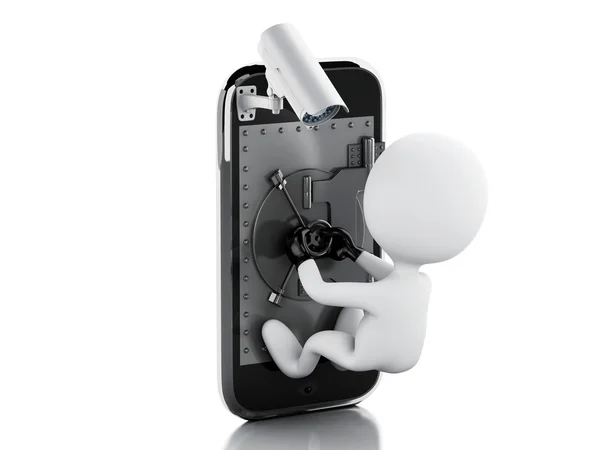 3D złodziej białych ludzi. Smartphone z kamery Cctv bezpieczeństwa — Zdjęcie stockowe