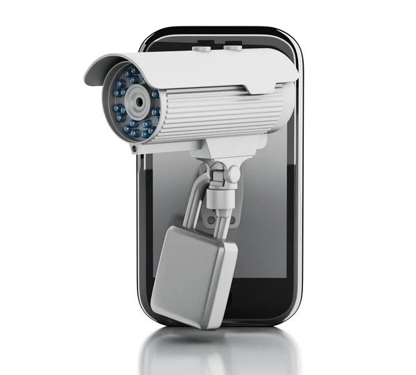 Smartphone 3d con telecamera a circuito chiuso. Concetto sicurezza mobile . — Foto Stock