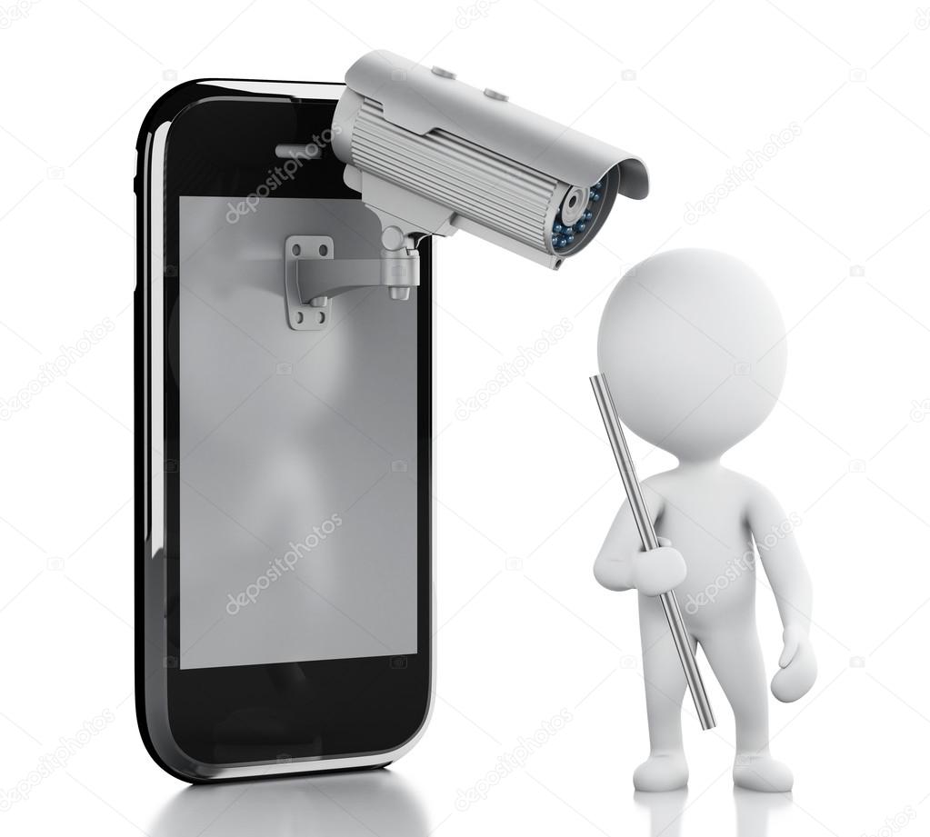 3d white people thief. Smartphone with Security CCTV camera