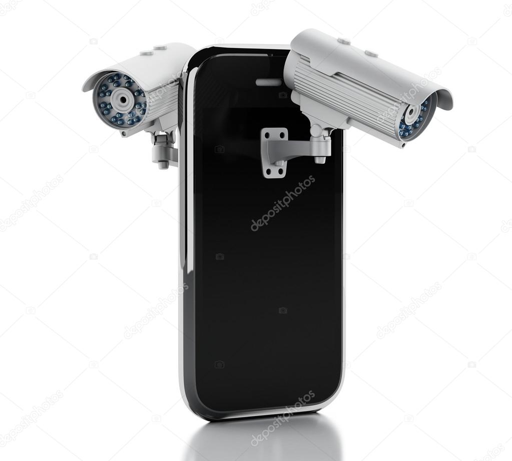 3d Smartphone with CCTV camera. Mobile security concept.