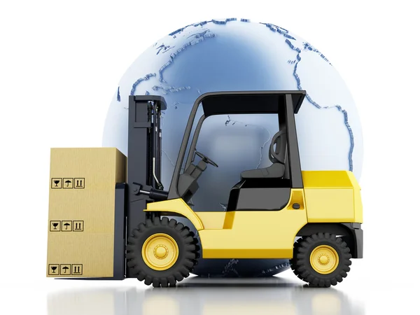 3D Earth globe met kartonnen dozen. Levering bedrijfsconcept. — Stockfoto