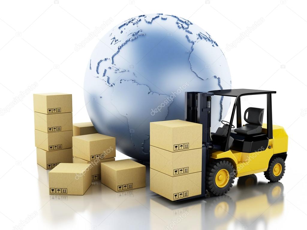 3d Earth globe with cardboard boxes. Delivery business concept.