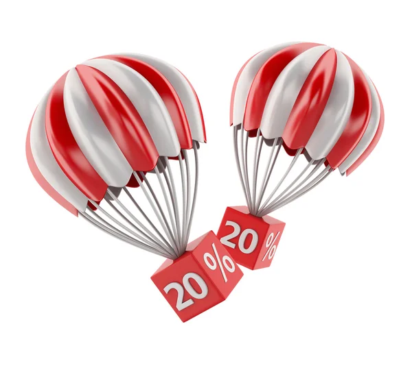 3D-parachute met korting teken. Verkoop concept — Stockfoto