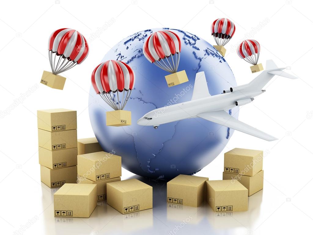 3d Earth globe and Cardboard boxes. Delivery concept.