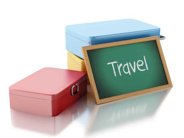 3d renderer illustration. Travel suitcase and blackboard. Vacation concept on white background.