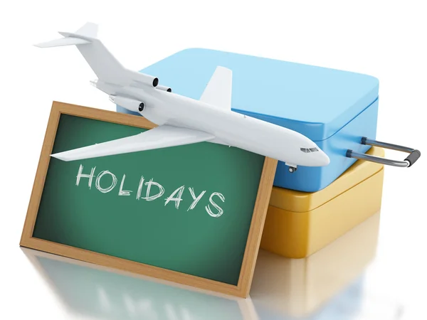 3D podróż walizki, samolotem i tablica. — Zdjęcie stockowe