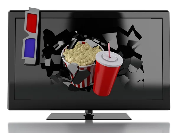 3D-Popcorn, Getränke und Fernsehen. Kinokonzept — Stockfoto