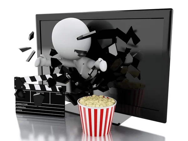 White people with 3d television, popcorn and clapper board — Stock Photo, Image