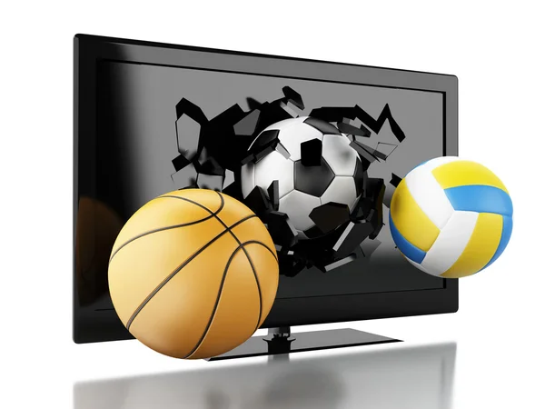 3d Sport balls breaking Tv screen. — Stock Photo, Image