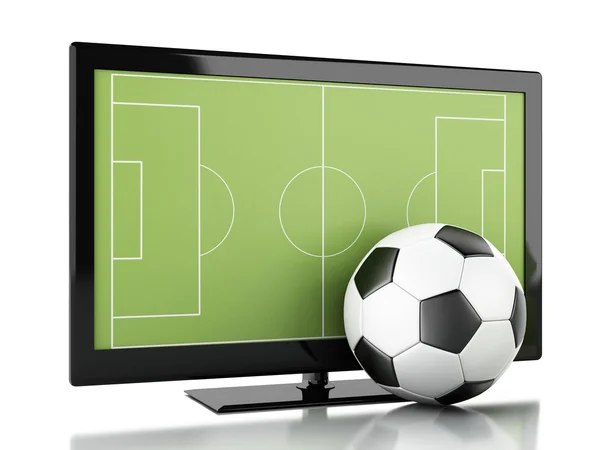 3d Schermo TV con campo da calcio e palla — Foto Stock