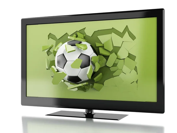 3d soccer ball breaking Tv screen. — Stock Photo, Image