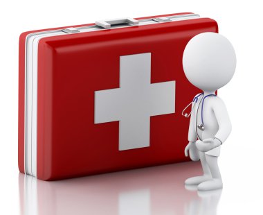 3D insanlar doktor stetoskop ve ilk yardım kiti ile.